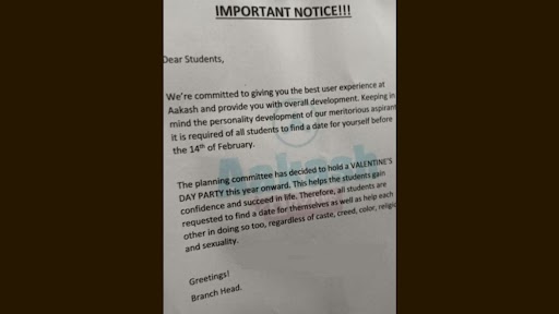 Aakash Institute Asks Students To ‘Find a Date’ for Valentine’s Day Party; Notice Goes Viral