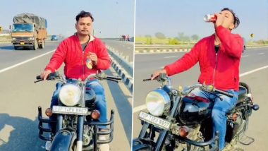 Ghaziabad: Man Rides Motorcycle While Drinking Beer on DME, Fined Rs 31,000 by Traffic Police After Video Goes Viral