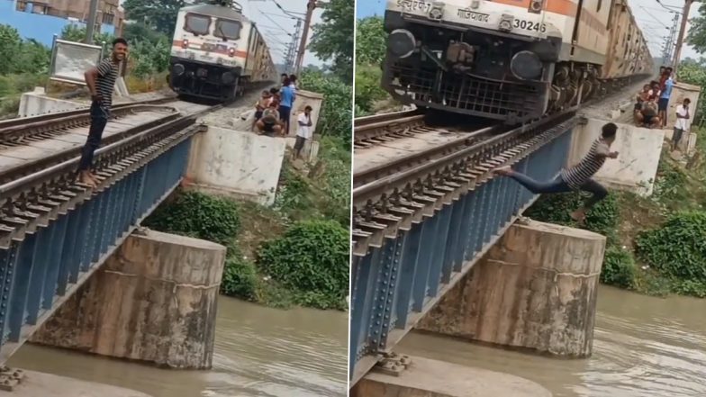 Ghaziabad: Youth Performs Dangerous Stunt, Jumps Off Bridge Moments Before Train Arrives; Video Goes Viral