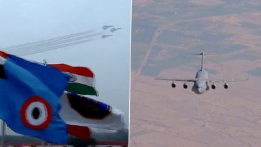 Republic Day Parade 2023: IAF Fighter Jets Fly in ‘Trishul’ Formation During Fly Past Above Kartavya Path in Delhi (Watch Video)