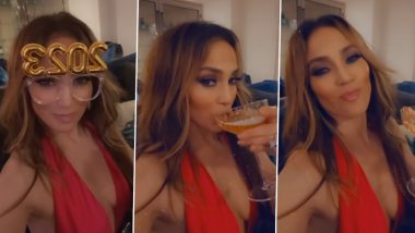 Jennifer Lopez Wears Bodycon Dress With Plunging Neckline, Sips Wine and Rings In New Year 2023 (Watch Video)