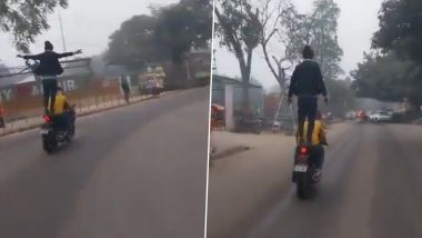 Uttar Pradesh: Man Performs Dangerous Bike Stunt on Busy Roads of Kanpur, Video Goes Viral