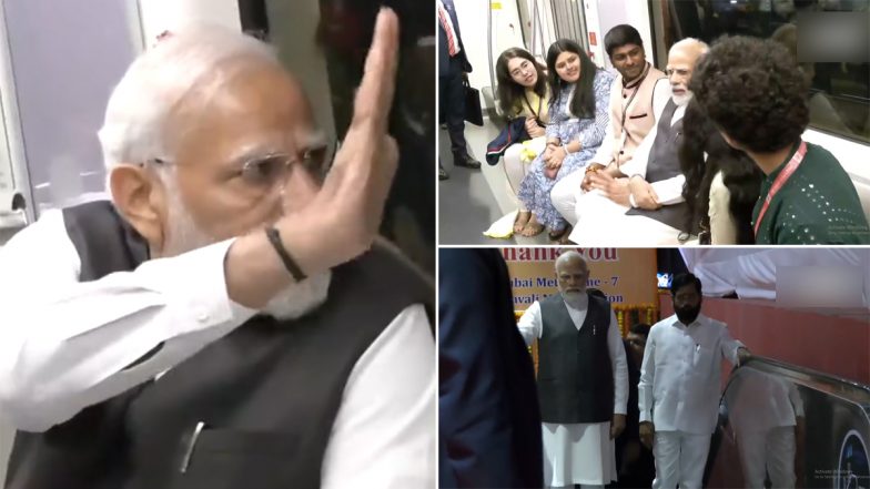 PM Narendra Modi Travels on Newly-Inaugurated Mumbai Metro, Interacts With Youth Onboard (Watch Video)