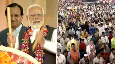 PM Narendra Modi Plays Traditional Drum During Public Rally in Karnataka’s Kalaburagi District (Watch Video)