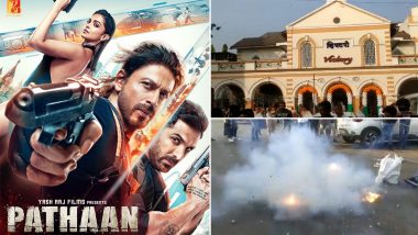 Pathaan: Shah Rukh Khan Fans Burst Firecrackers Outside Pune’s Victory Theatre To Celebrate the Release of the Spy Action Thriller (Watch Video)