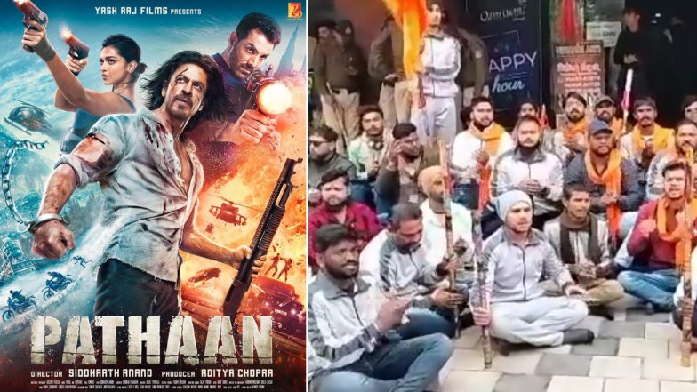 Pathaan: Shows of Shah Rukh Khan, Deepika Padukone, John Abraham’s Film in Indore Theatres Cancelled Following Protests by Right-Wing Groups (Watch Videos)