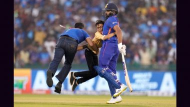Young Fan Invades Field, Hugs Rohit Sharma During IND vs NZ 2nd ODI 2023 in Raipur (Watch Video)