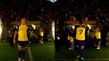 Cristiano Ronaldo Unveiled As Al-Nassr Player Amid Huge Crowd at Mrsool Park! Watch First Look of Portuguese Star in the Club's Yellow and Blue Colours (Check Videos)