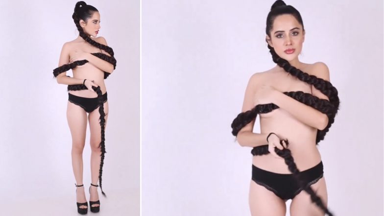 Uorfi Javed Goes Topless, Wears Just Black Underwear and Hides Her B**bs With Long Braid (Watch Video)