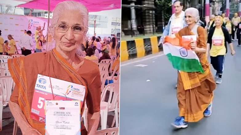 80 Year Old Grandma Comfortably Runs Mumbai Marathon Wearing Saree In Viral Video Netizens 0873