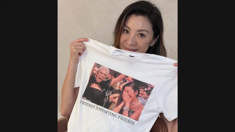 Michelle Yeoh Poses With a Shirt of Jamie Lee Curtis' Viral Reaction to Her Golden Globes Win