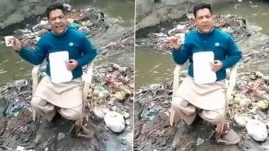 Uttar Pradesh: Man Sits Inside Sewer, Drinks Tea to Protest Against Negligence by Civic Authorities in Moradabad (Watch Video)