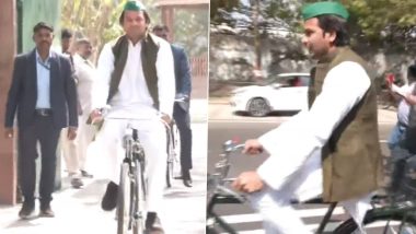 Tej Pratap Yadav Says He Saw Late Mulayam Singh Yadav in His Dream, Rides Bicycle to Bihar Secretariat Building To Spread Netaji’s Message on Environment (Watch Video)