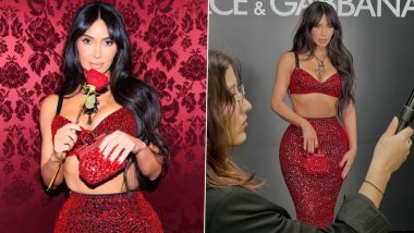 Kim Kardashian’s Video of Her Struggling to Walk Upstairs in Tight Glittering Red Dolce & Gabbana Two-Piece Suit Goes Viral – Watch