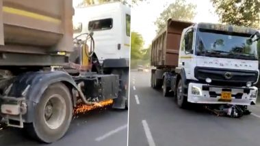 Uttar Pradesh Road Accident: Man, Grandson Killed As Truck Hits and Drags Scooty for 2 km in Mahoba, Accused Arrested (Disturbing Video)