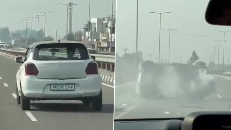 Punjab: Car Stunt Goes Wrong, Vehicle Overturns After Crashing Into Divider on Nawanshahr-Phagwara Highway (Horrific Accident Video)