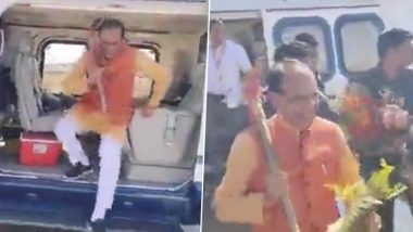 CM Shivraj Singh Chouhan Steps Out of Helicopter With Pickaxe in Hand in Madhya Pradesh’s Jhabua, Video Goes Viral