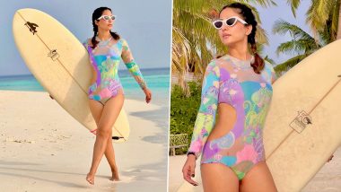 Hina Khan Is a 'SurfHead' in a Multicolour Monokini for Her Maldivian Holiday (View Pics)