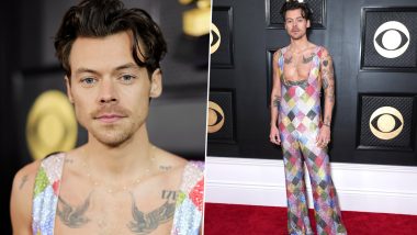 Grammy Awards 2023: Harry Styles Arrives on the Red Carpet in Bedazzled Rainbow Jumpsuit With Low Neckline (View Pics)
