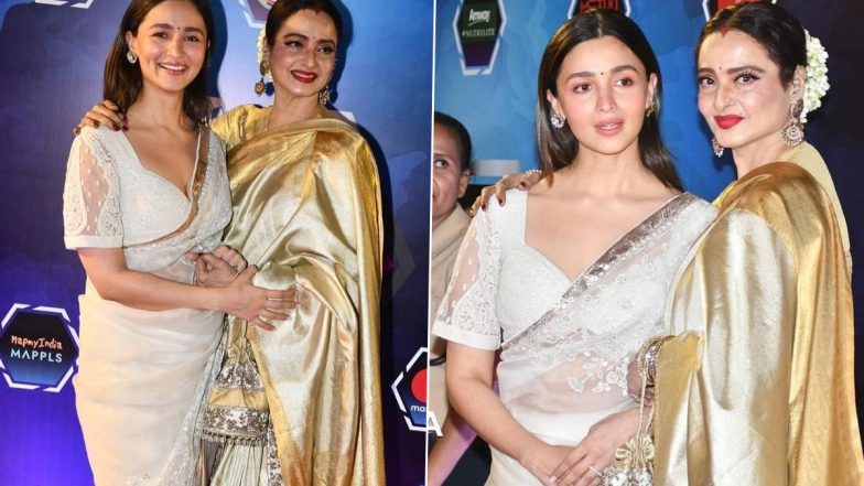 DPIFF Awards 2023: Alia Bhatt and Rekha Flash Their Million Dollar Smiles As They Pose Together for Paparazzi at Dadasaheb Phalke Awards (View Pics)