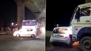 UP Hit-and-Drag Case: Drunk Container Driver Drags Car for 3 Km in Meerut, Passengers Escape By Jumping Out; Video Goes Viral