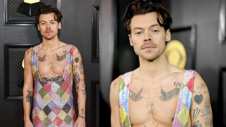 Grammy Awards 2023: Harry Styles Poses in Chest Flashing Multi-Coloured Jumpsuit on the Red Carpet (Watch Video)