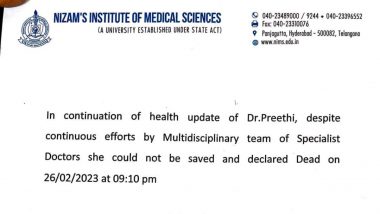 Dr Preethi Dies: Medico From Warangal Who Attempted Suicide Passes Away While Undergoing Treatment at NIMS Hospital in Hyderabad