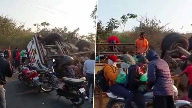 Viral Video: Truck Carrying Cold Drinks Meets With an Accident in Kolhapur, Locals Rush To Loot Beverage Bottles