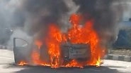 Video: Car Catches Fire on Meerut Highway, Driver Jumps Out of Vehicle To Save Life