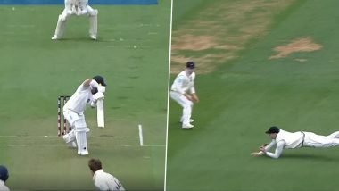 Catch of the Match! Michael Bracewell Takes Terrific One-Handed Stunner to Dismiss Ben Duckett During NZ vs ENG 2nd Test 2023 (Watch Video)