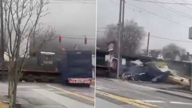 Video: Freight Train Slams Into Tractor-Trailer Stuck on Railway Tracks in New York, CCTV Footage of Crash Goes Viral