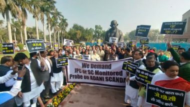 Adani Group-Hindenburg Report Issue: Opposition Leaders Hold Protest in Parliament Premises, Demand JPC Probe (Watch Video)