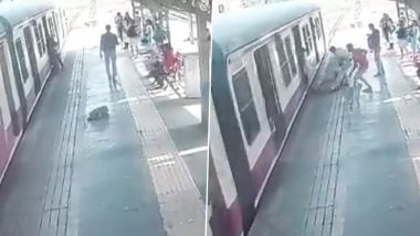 Viral Video: Alert RPF Head Constable Saves Life of Woman Who Falls While Trying To Board Local Train at Borivali Station