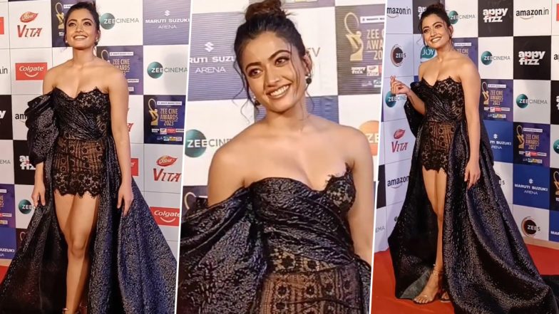 Rashmika Mandanna Looks LIT in Short Dress With Long Train on Zee Cine Awards' Red Carpet (Watch Video)