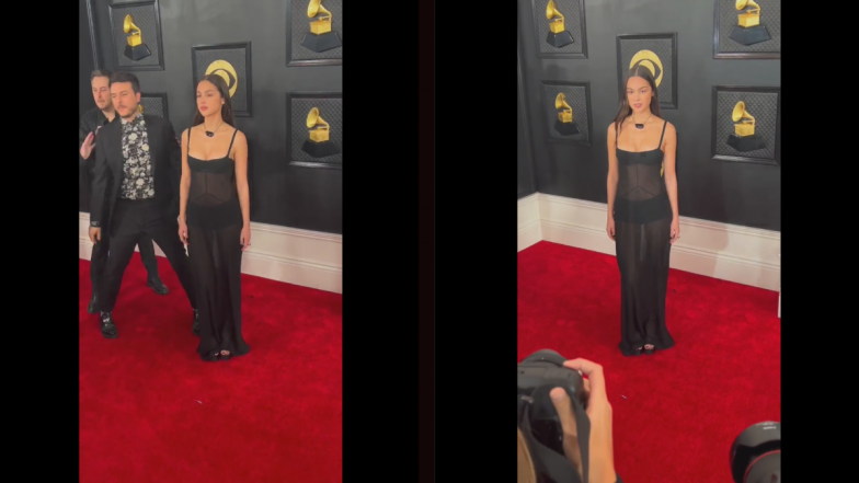 Grammys 2023: Olivia Rodrigo Arrives on the Red Carpet in a Stunning See Through Black Dress (Watch Video)