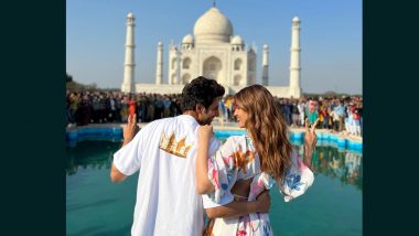 Kartik Aaryan Says ‘Shehzada, Taj Aur Mumtaz’ As He Poses With Kriti Sanon in Front of the Taj Mahal (View Pic)