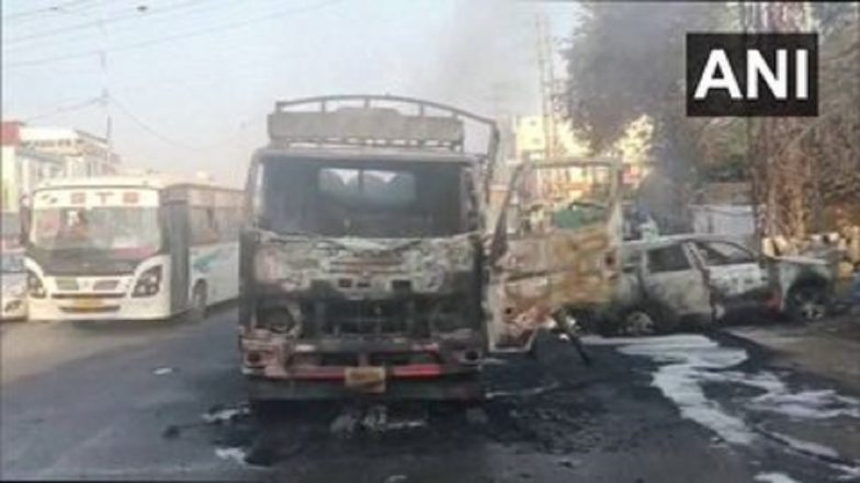 Telangana: Truck Carrying Transformer Oil in Drums Catches Fire on Beeramgunda Road, No Casualty Reported (See Pics)