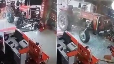 'Haunted' Tractor Breaks Shop's Glass Window After Getting Started on Its Own in Uttar Pradesh's Bijnor (Watch Video)