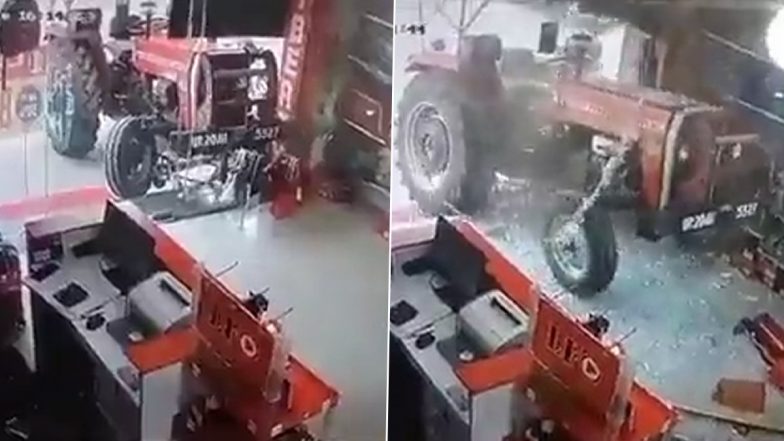 'Haunted' Tractor Breaks Shop's Glass Window After Getting Started on Its Own in Uttar Pradesh's Bijnor (Watch Video)