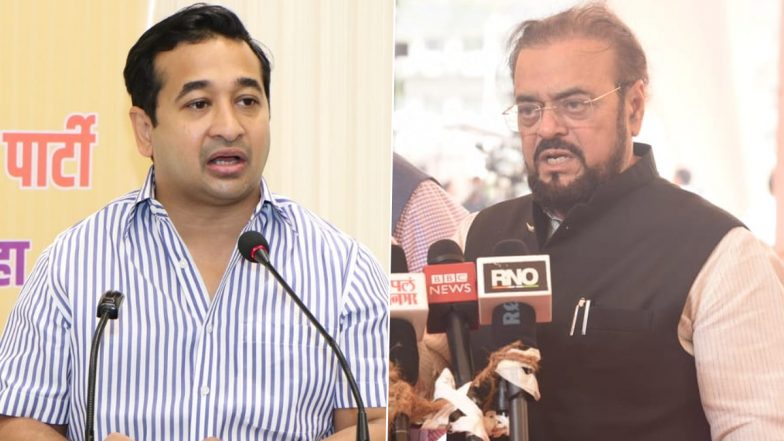 Love Jihad Row: Nitish Rane and Abu Asim Azmi Get Into Heated Argument Outside Maharashtra Assembly (Watch Video)