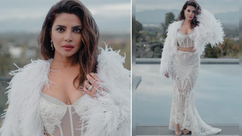 Priyanka Chopra Looks Angelic in a White Corset Top and Skirt With Feather Jacket (View Pics)