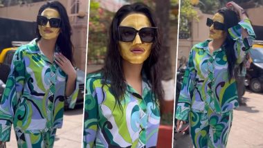 Urvashi Rautela Steps Out in Multi-Coloured Nightwear with Gold Face Pack on Her Face! (Watch Video)