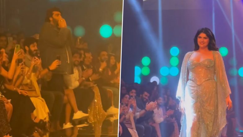 Lakme Fashion Week: Arjun Kapoor Cheers for Sister Anshula Kapoor As She Walks the Ramp In Ash Colour Glitter Corset Top Paired With High Slit Skirt and Long Line Shrug (Watch Video)