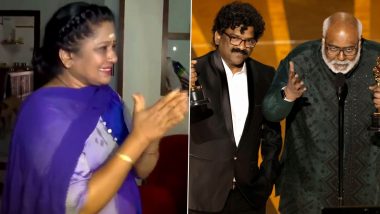RRR at Oscars 2023: Chandrabose’s Wife Cries in Happiness Seeing Him Accept Oscar for Best Original Song for Naatu Naatu Alongside MM Keeravani (Watch Video)
