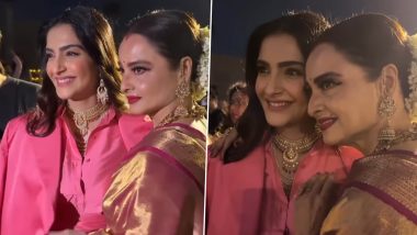 Sonam Kapoor Compliments Rekha for Her Kanjeevaram Saree Look at Dior Mumbai Show While Posing for the Paps (Watch Video)