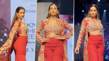 Lakme Fashion Week 2023: Malaika Arora Walks Like a Queen in Red Bralette, Sharara Pants, and Embroidered Cape Jacket for Designer Bhumika Sharma (Watch Video)