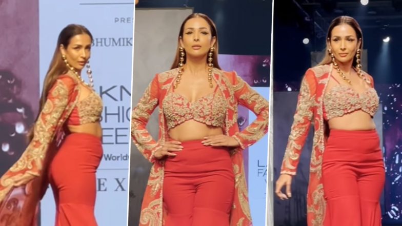 Lakme Fashion Week 2023: Malaika Arora Walks Like a Queen in Red Bralette, Sharara Pants, and Embroidered Cape Jacket for Designer Bhumika Sharma (Watch Video)