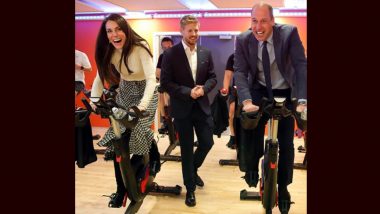 Kate Middleton Beats Prince William in Spin Race Despite Wearing Heels and Skirt at Welsh Leisure Centre (Watch Video)