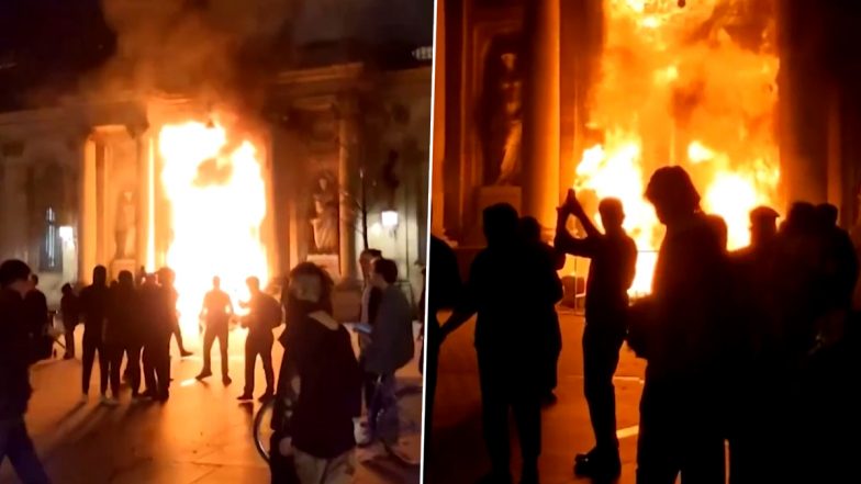 France Pension Protest: Bordeaux Town Hall Engulfed in Flames As Pension Reform Unrest Grows (Watch Video)