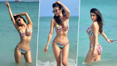 Mouni Roy Looks Smoking Hot as She Flaunts an Incredibly Toned Physique in a Multi-Coloured Bikini While Chilling At Miami Beach! (View Pics & Video)
